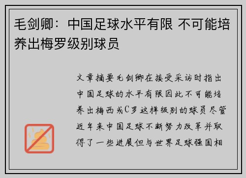 毛剑卿:中国足球水平有限 不可能培养出梅罗级别球员 毛剑卿:中国足球水平有限 不可能培养出梅罗级别球员