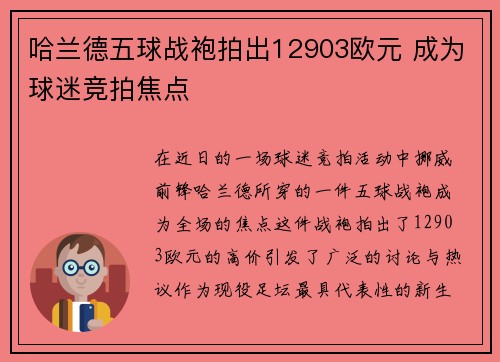 哈兰德五球战袍拍出12903欧元 成为球迷竞拍焦点 哈兰德五球战袍拍出12903欧元 成为球迷竞拍焦点