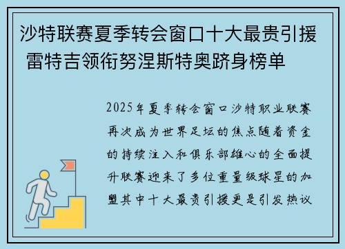 沙特联赛夏季转会窗口十大最贵引援 雷特吉领衔努涅斯特奥跻身榜单 沙特联赛夏季转会窗口十大最贵引援 雷特吉领衔努涅斯特奥跻身榜单